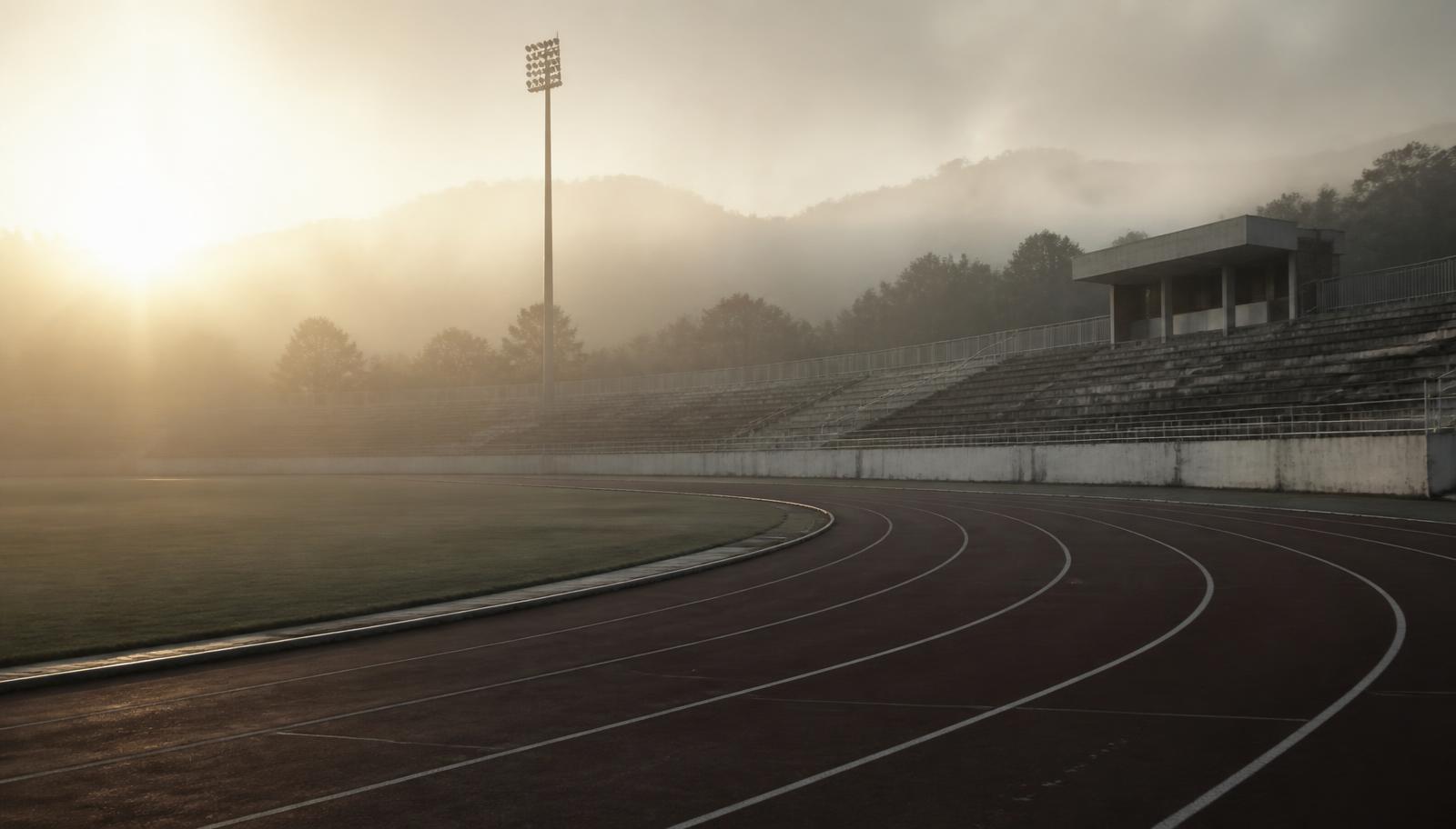 Empty stadium and running track at dawn