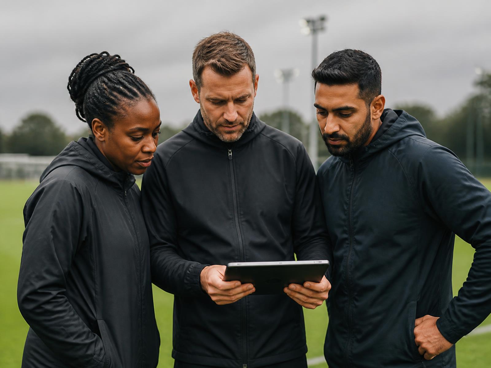 Coaching staff of mixed nationality reviewing player data on a tablet pitchside
