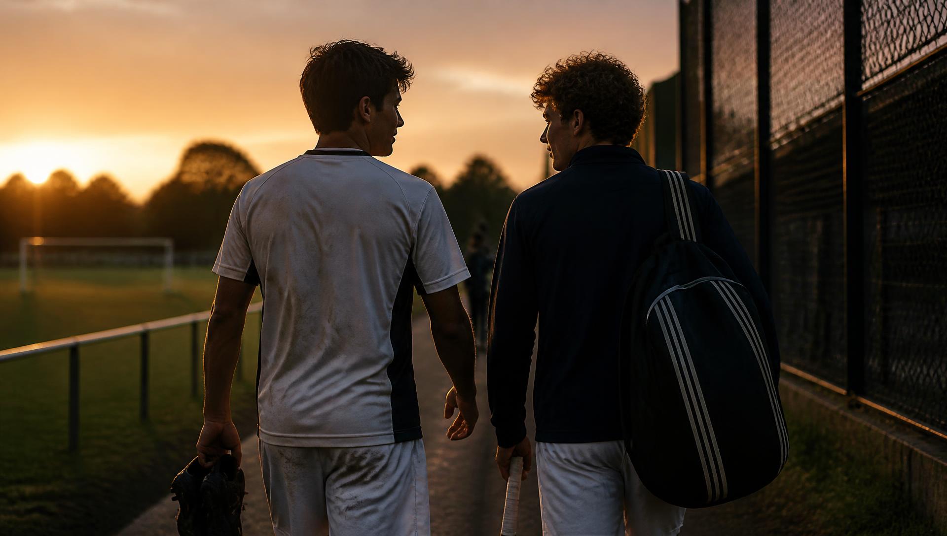 Two athletes from different sports walking off together at sunset