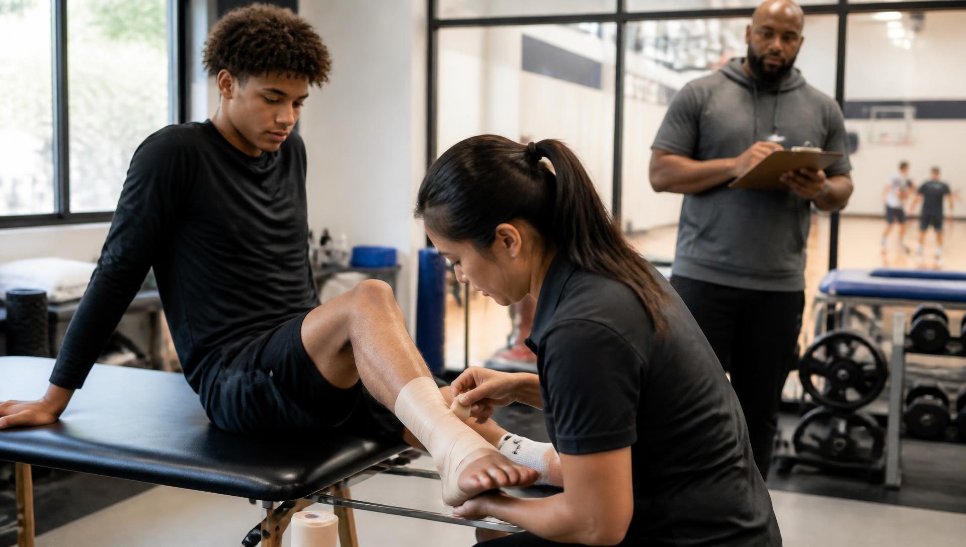 Physiotherapist taping a young athlete's ankle while a strength coach takes notes courtside