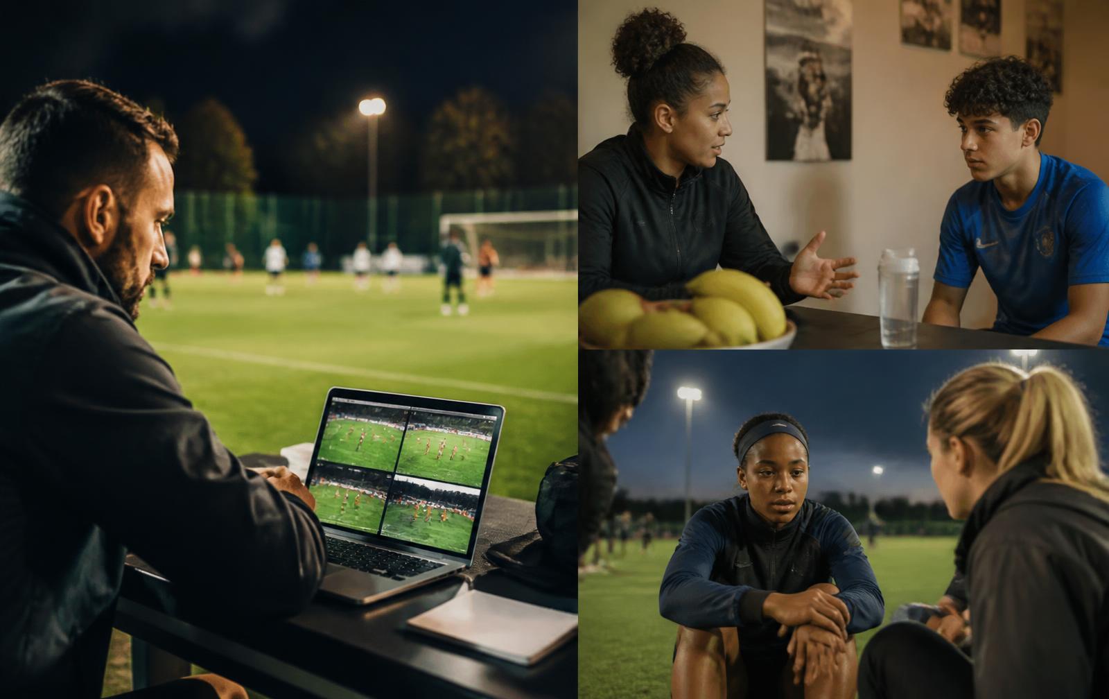 Performance analyst reviewing footage pitchside and a nutritionist talking with a teenage athlete